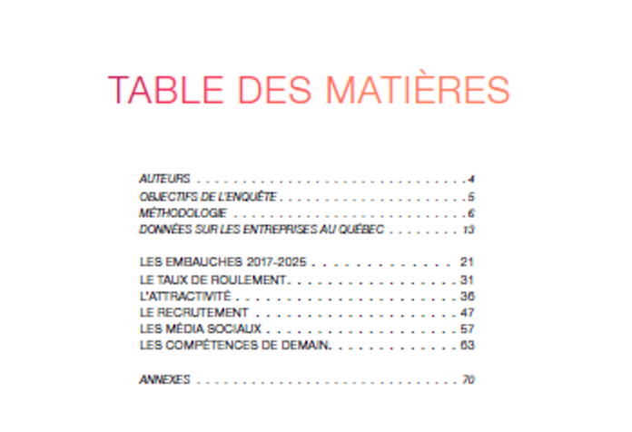 Table des matières de l'enquête québécoise sur l'attraction et le recrutement